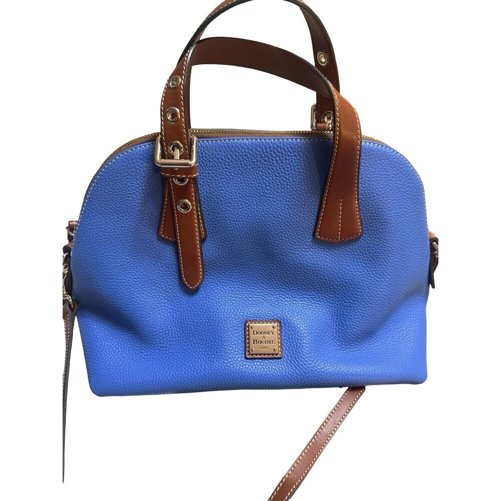 Dooney & Bourke Audrey Large Satchel Blue Pebble Leather Brown Trim Shoulder Bag - Picture 8 of 10